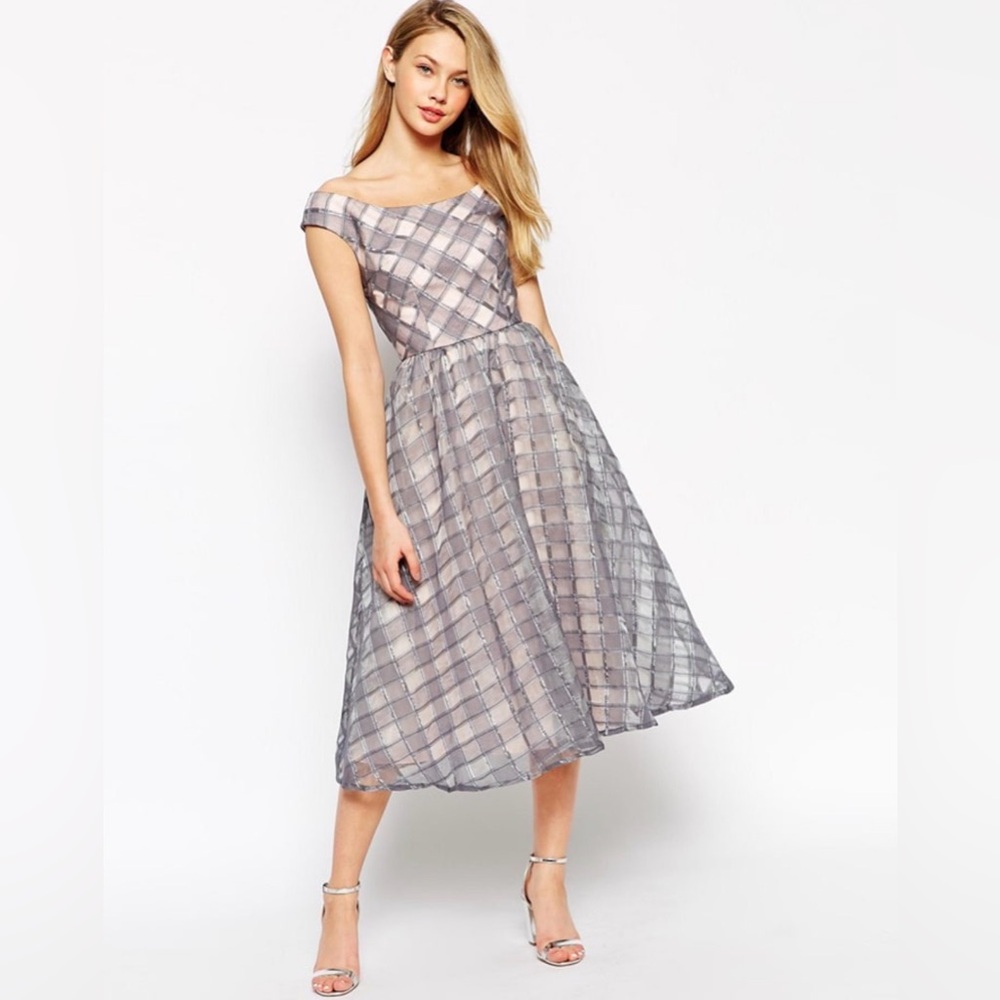 Little Mistress Gray Plaid Off-Shoulder Dress
